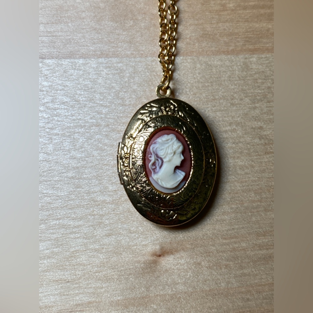 1928 Jewelry Gold Tone Carnelian Cameo Double Locket Necklace 28 Inches